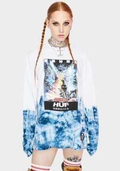 HUF Space Godzilla Tie Dye Long Sleeve Graphic Tee Tops